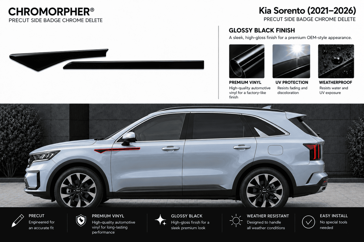 A promotional graphic for a Chromorphor Kia Sorent side badge chrome delete vinyl decal. The top half features the black vinyl decal product and informational text about its glossy black finish and weatherproof properties.