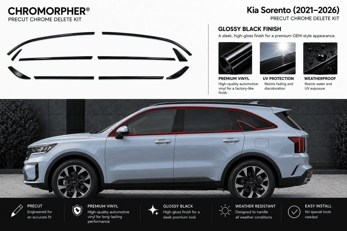 Chromorphor Kia Sorento Precise Chrome Delete Kit shown on a light blue SUV with a chrome strip installed along the window trim, alongside product feature callouts and installation benefits.