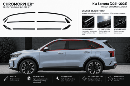 Chromorphor Kia Sorento Precise Chrome Delete Kit shown on a light blue SUV with a chrome strip installed along the window trim, alongside product feature callouts and installation benefits.