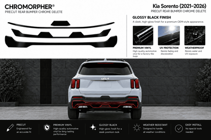 A set of black chrome delete rear bumper lip kits for Kia Sorento (2021-2026) shown both as product cutouts at the top and installed on the rear bumper of a silver SUV at the bottom, with feature callouts and branding.