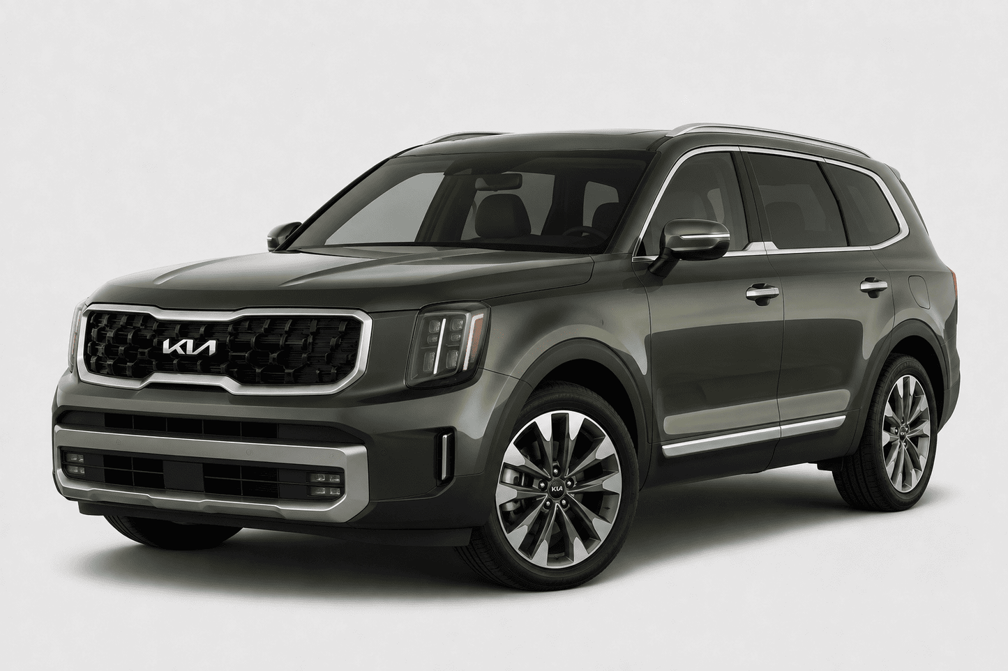 A dark gray Kia Grand Livree SUV shown from a three-quarter front angle against a light gray studio background.