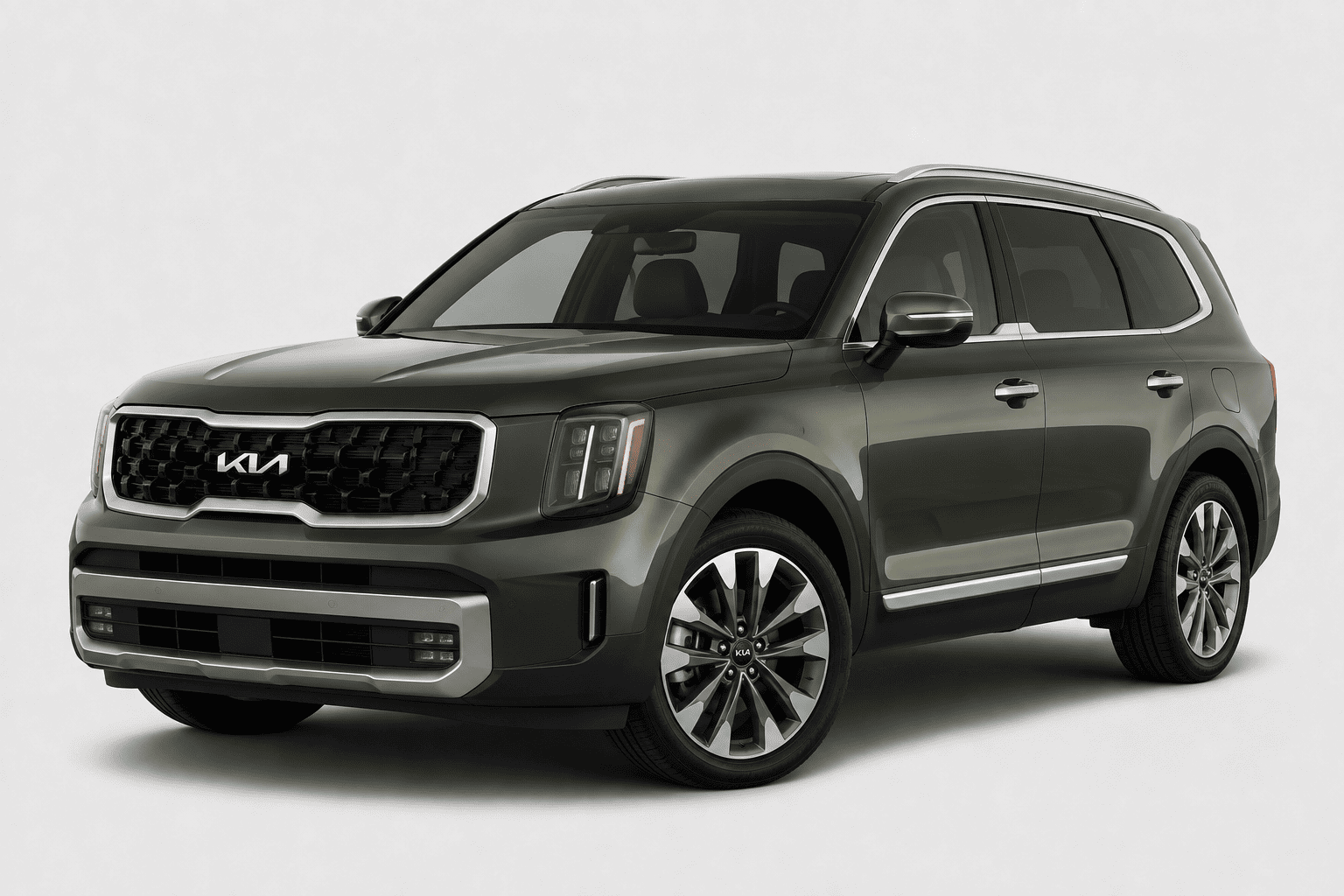A dark gray Kia Grand Livree SUV shown from a three-quarter front angle against a light gray studio background.