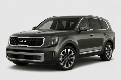 A dark gray Kia Grand Livree SUV shown from a three-quarter front angle against a light gray studio background.