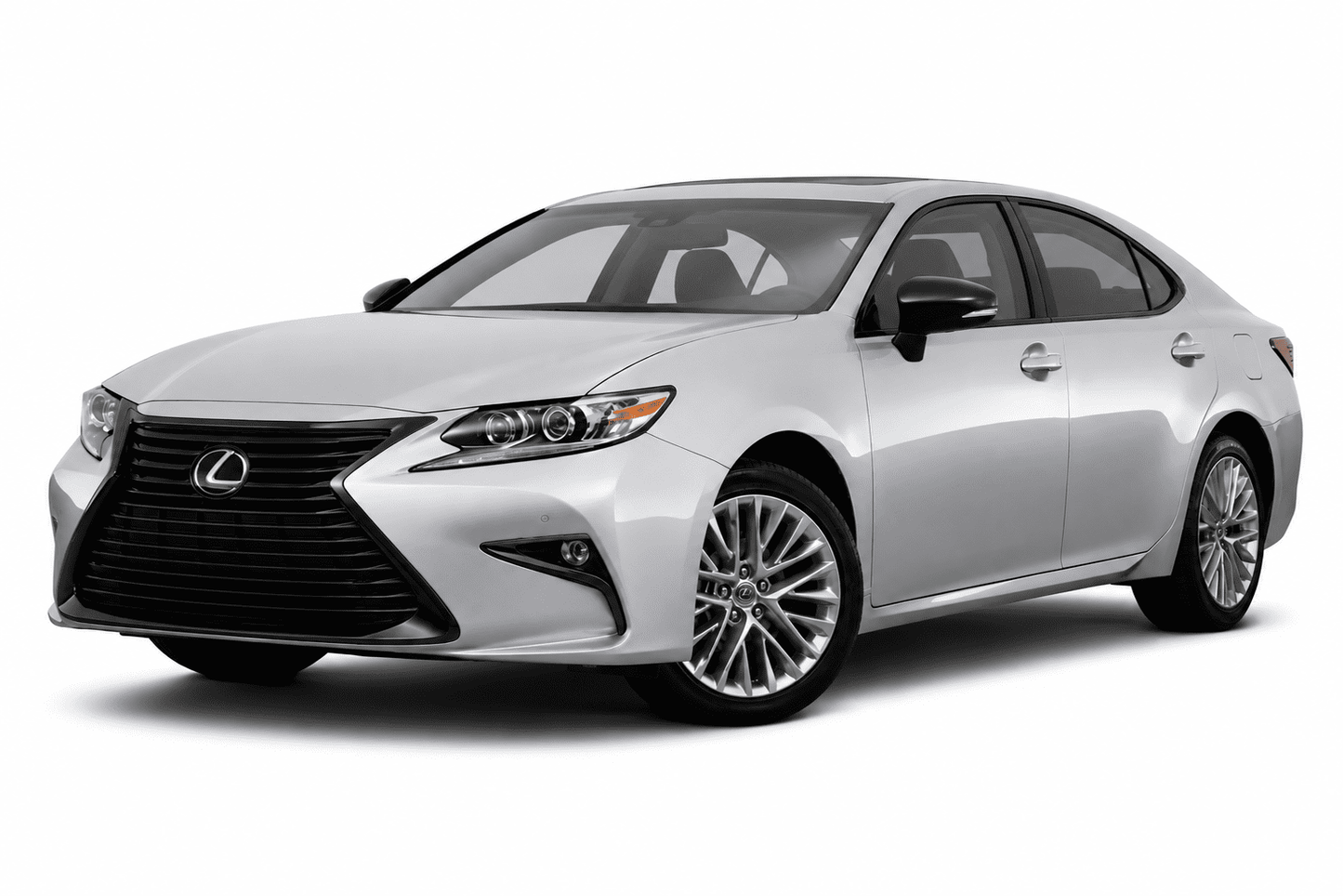 A silver Lexus sedan photographed on a clean white studio background, shown at a three-quarter front angle. The Lexus logo is visible on the front grille.