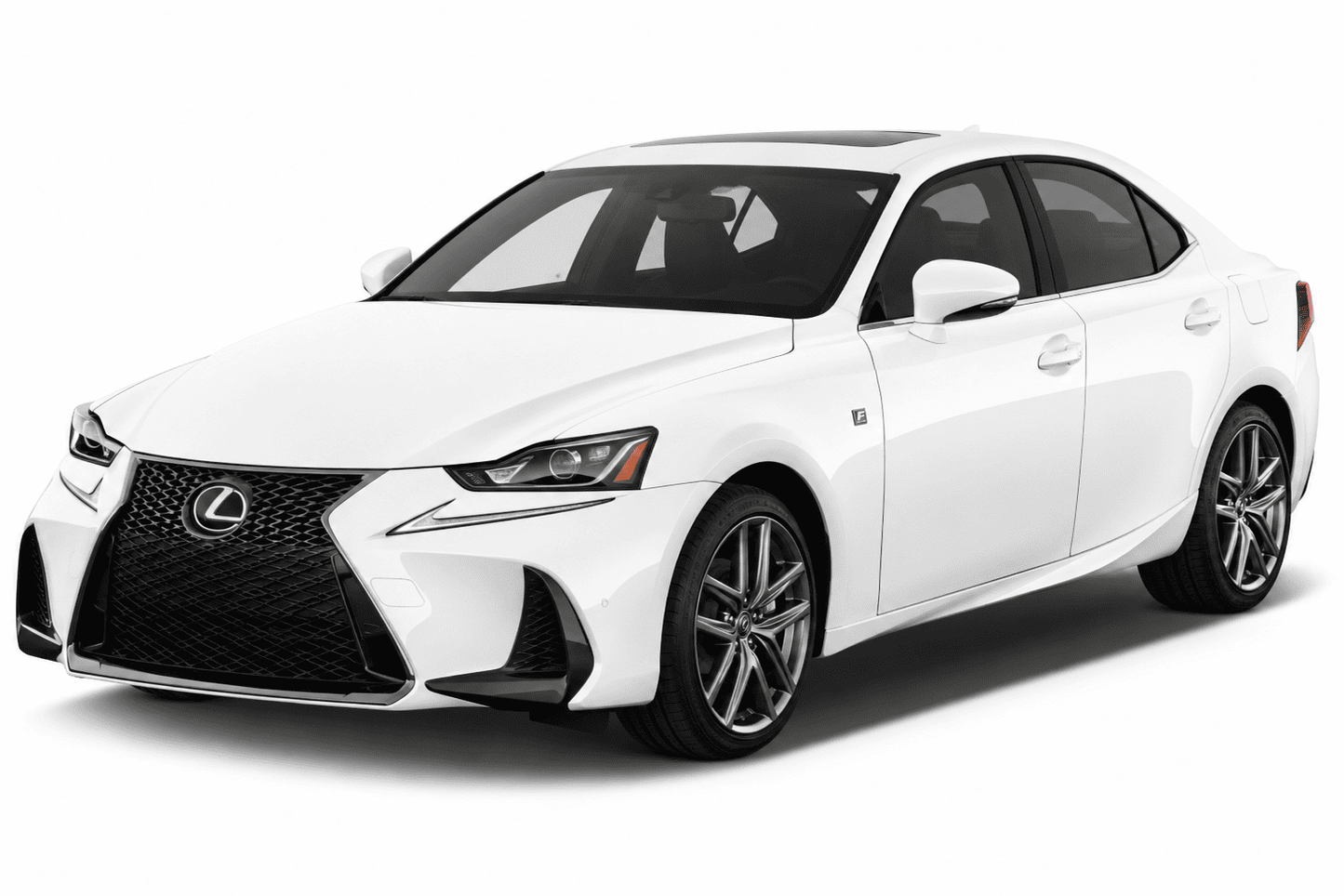 A white Lexus sedan photographed on a clean white studio background, shown at a three-quarter front angle. The car has a large black spindle grille, sleek LED headlights, dark tinted windows, and multi-spoke alloy wheels.
