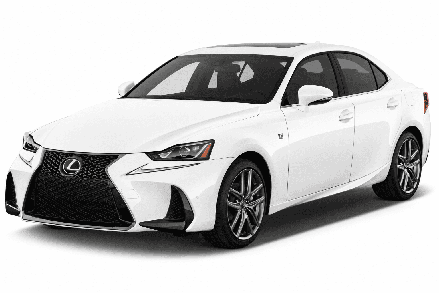 A white Lexus sedan photographed on a clean white studio background, shown at a three-quarter front angle. The car has a large black spindle grille, sleek LED headlights, dark tinted windows, and multi-spoke alloy wheels.