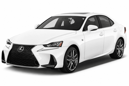 A white Lexus sedan photographed on a clean white studio background, shown at a three-quarter front angle. The car has a large black spindle grille, sleek LED headlights, dark tinted windows, and multi-spoke alloy wheels.