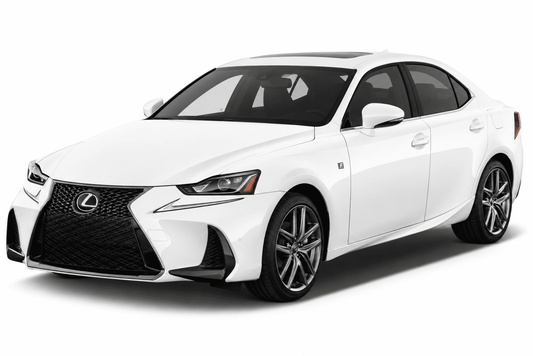 A white Lexus sedan photographed on a clean white studio background, shown at a three-quarter front angle. The car has a large black spindle grille, sleek LED headlights, dark tinted windows, and multi-spoke alloy wheels.