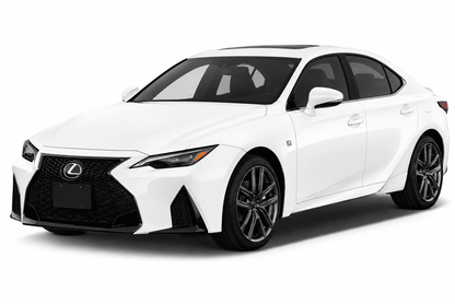 A white Lexus sedan shown at a three-quarter front angle on a clean white studio background.