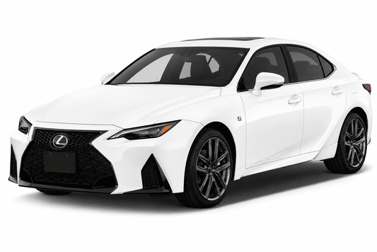 A white Lexus sedan shown at a three-quarter front angle on a clean white studio background.