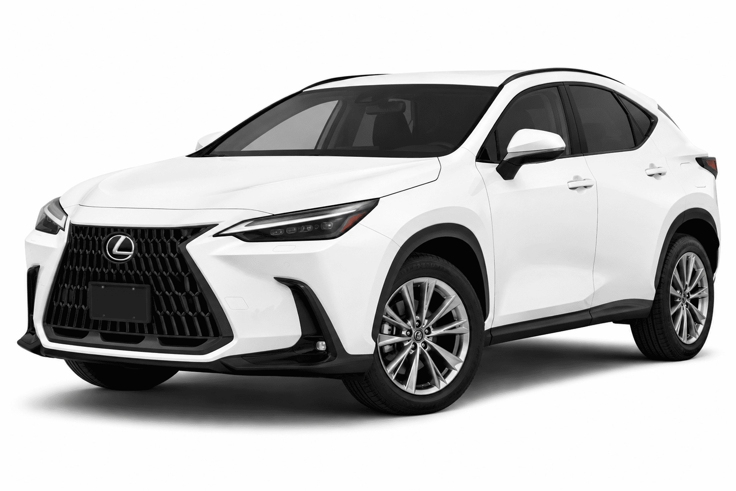 A white Lexus SUV photographed on a clean white studio background, shown at a three-quarter front angle. The grille, headlights, side mirrors, and multi-spoke alloy wheels are visible.