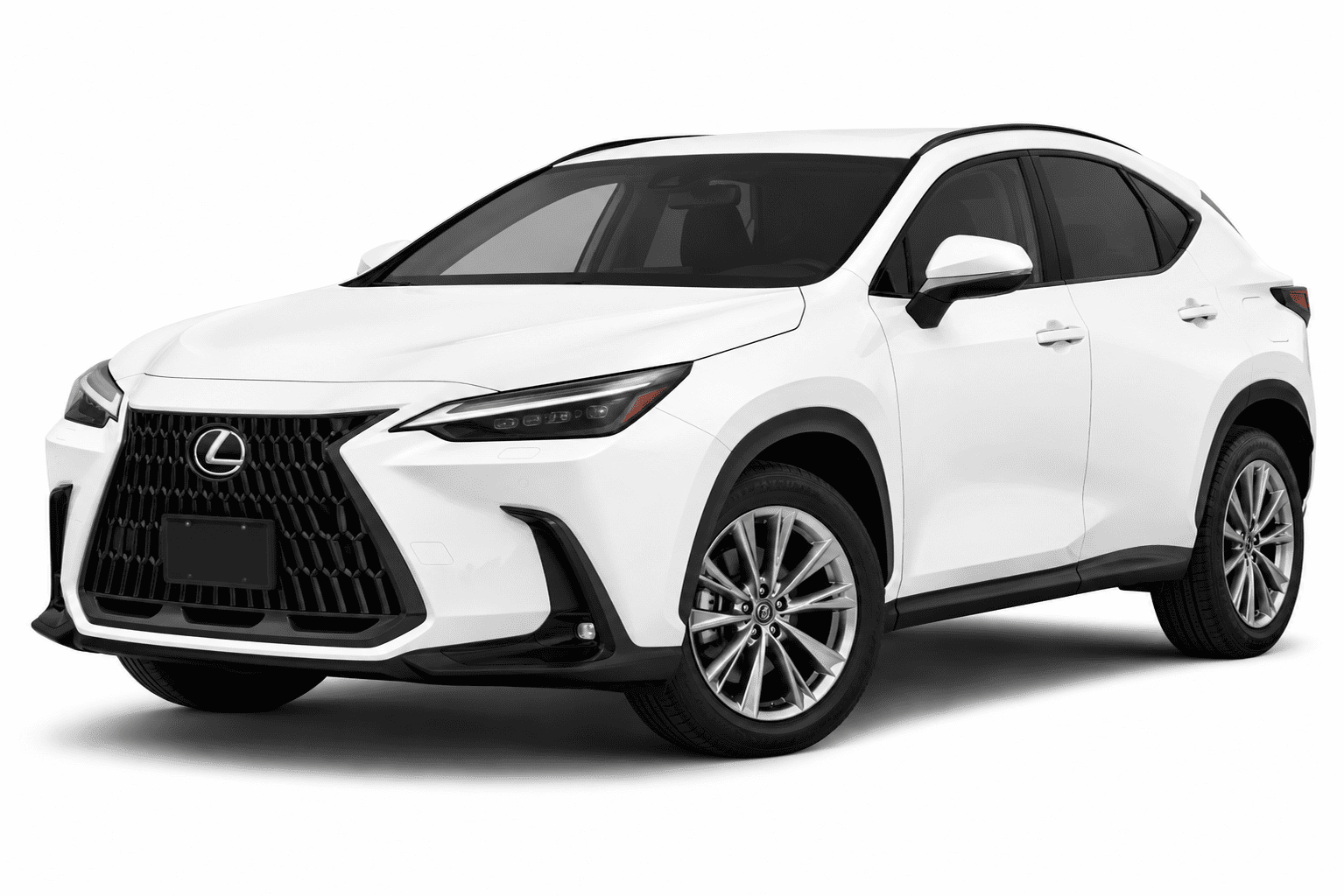 A white Lexus SUV photographed on a clean white studio background, shown at a three-quarter front angle. The grille, headlights, side mirrors, and multi-spoke alloy wheels are visible.