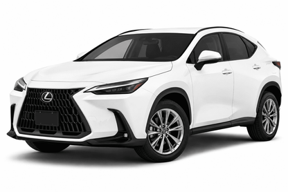 A white Lexus SUV photographed on a clean white studio background, shown at a three-quarter front angle. The grille, headlights, side mirrors, and multi-spoke alloy wheels are visible.