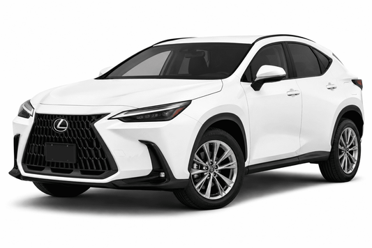 A white Lexus SUV photographed on a clean white studio background, shown at a three-quarter front angle. The grille, headlights, side mirrors, and multi-spoke alloy wheels are visible.