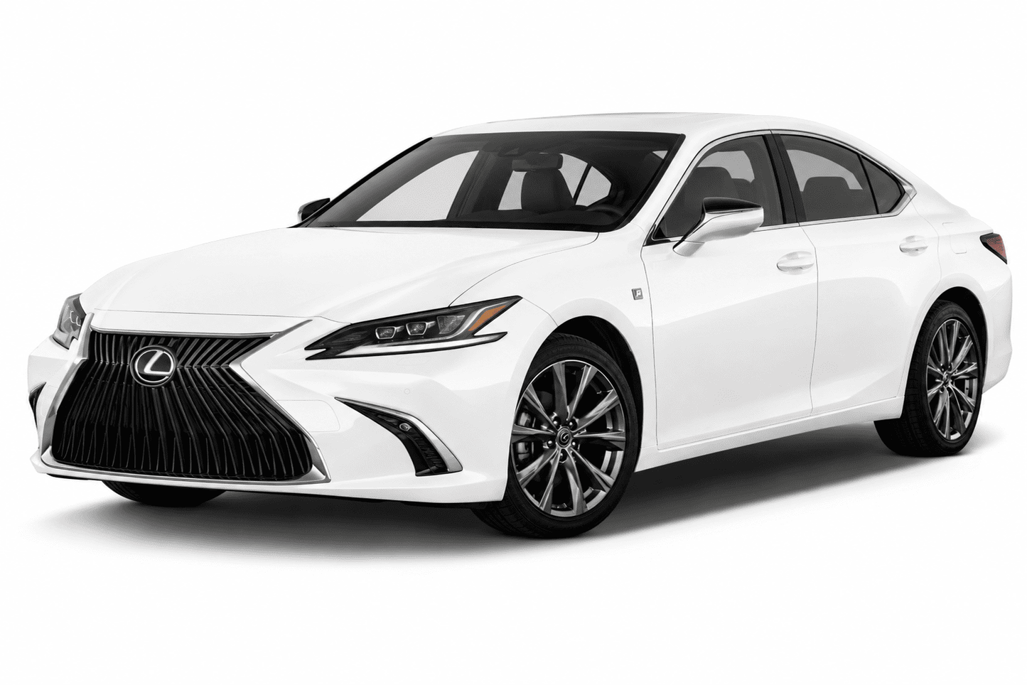 A white Lexus sedan photographed on a clean white studio background, shown at a three-quarter front angle. The Lexus logo is visible on the front grille.