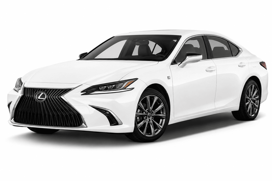 A white Lexus sedan photographed on a clean white studio background, shown at a three-quarter front angle. The Lexus logo is visible on the front grille.