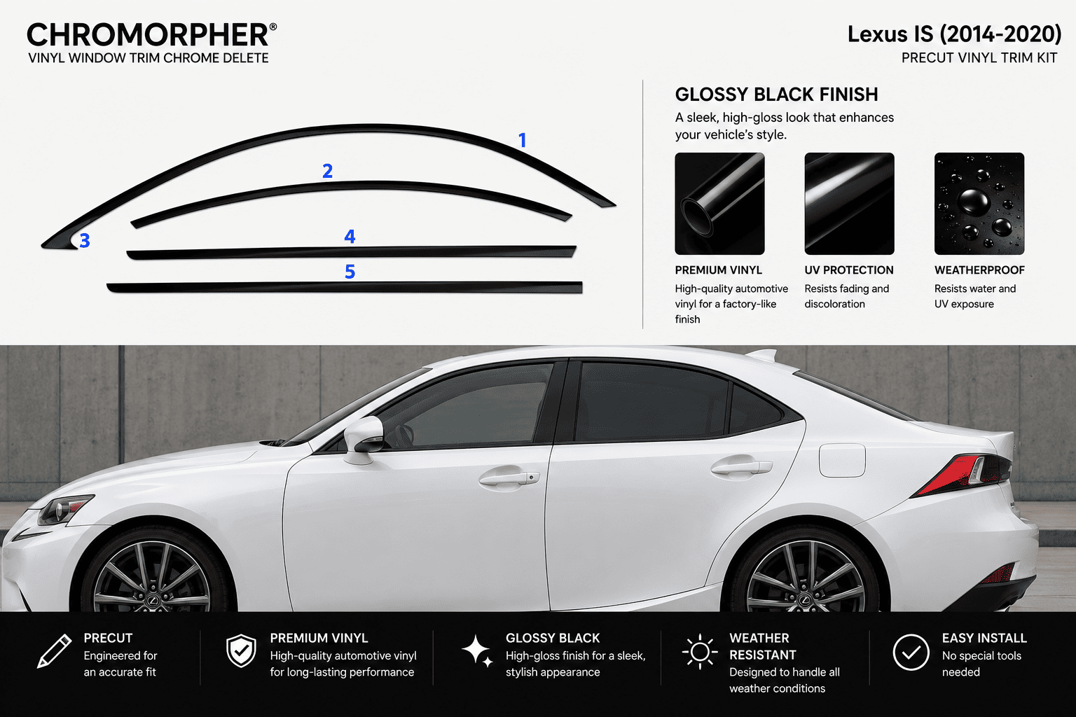Chromorpher vinyl window trim chrome delete kit shown with a white Lexus IS (2014-2020) car on a gray studio-style background, plus labeled fitment lines and feature callouts for glossy black finish, premium vinyl, UV protection, and weatherproof design.