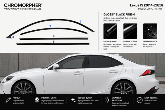 Chromorpher vinyl window trim chrome delete kit shown with a white Lexus IS (2014-2020) car on a gray studio-style background, plus labeled fitment lines and feature callouts for glossy black finish, premium vinyl, UV protection, and weatherproof design.