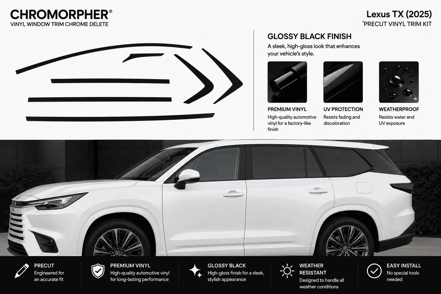 Promotional graphic for a Lexus TX (2025) chrome trim delete kit by Chromorpher, showing a white SUV with black chrome trim graphics and feature callouts for glossy black finish, premium vinyl, UV protection, and weatherproofing.