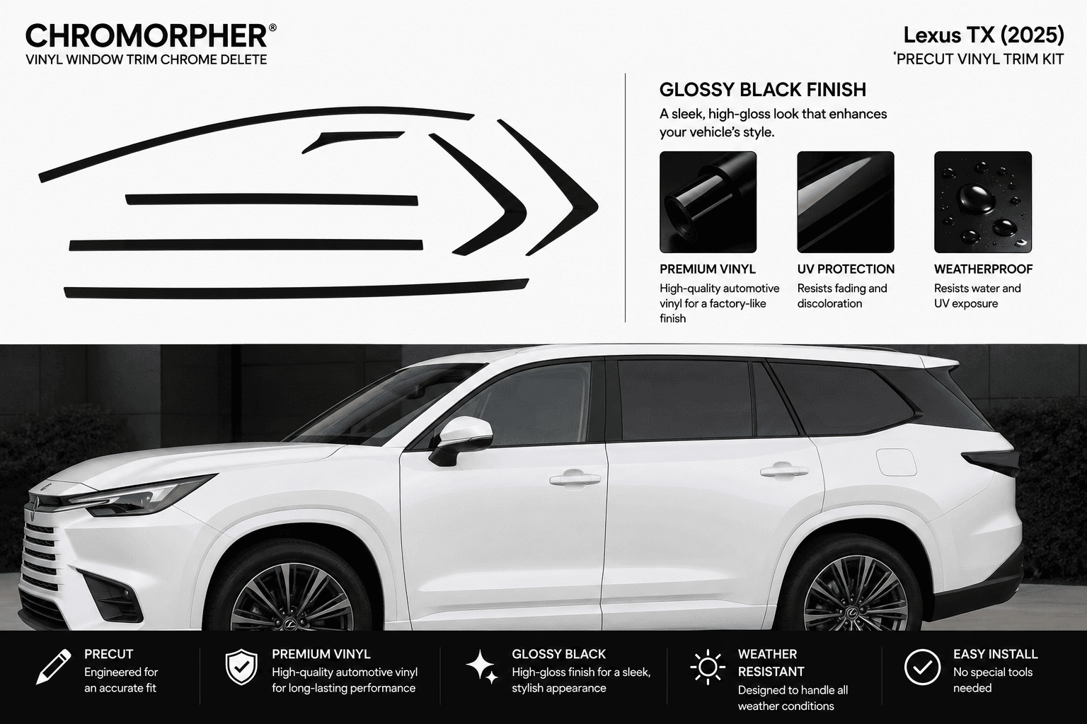 Promotional graphic for a Lexus TX (2025) chrome trim delete kit by Chromorpher, showing a white SUV with black chrome trim graphics and feature callouts for glossy black finish, premium vinyl, UV protection, and weatherproofing.