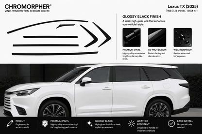 Promotional graphic for a Lexus TX (2025) chrome trim delete kit by Chromorpher, showing a white SUV with black chrome trim graphics and feature callouts for glossy black finish, premium vinyl, UV protection, and weatherproofing.