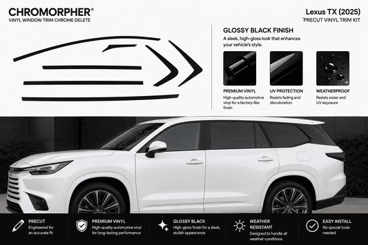 Promotional graphic for a Lexus TX (2025) chrome trim delete kit by Chromorpher, showing a white SUV with black chrome trim graphics and feature callouts for glossy black finish, premium vinyl, UV protection, and weatherproofing.
