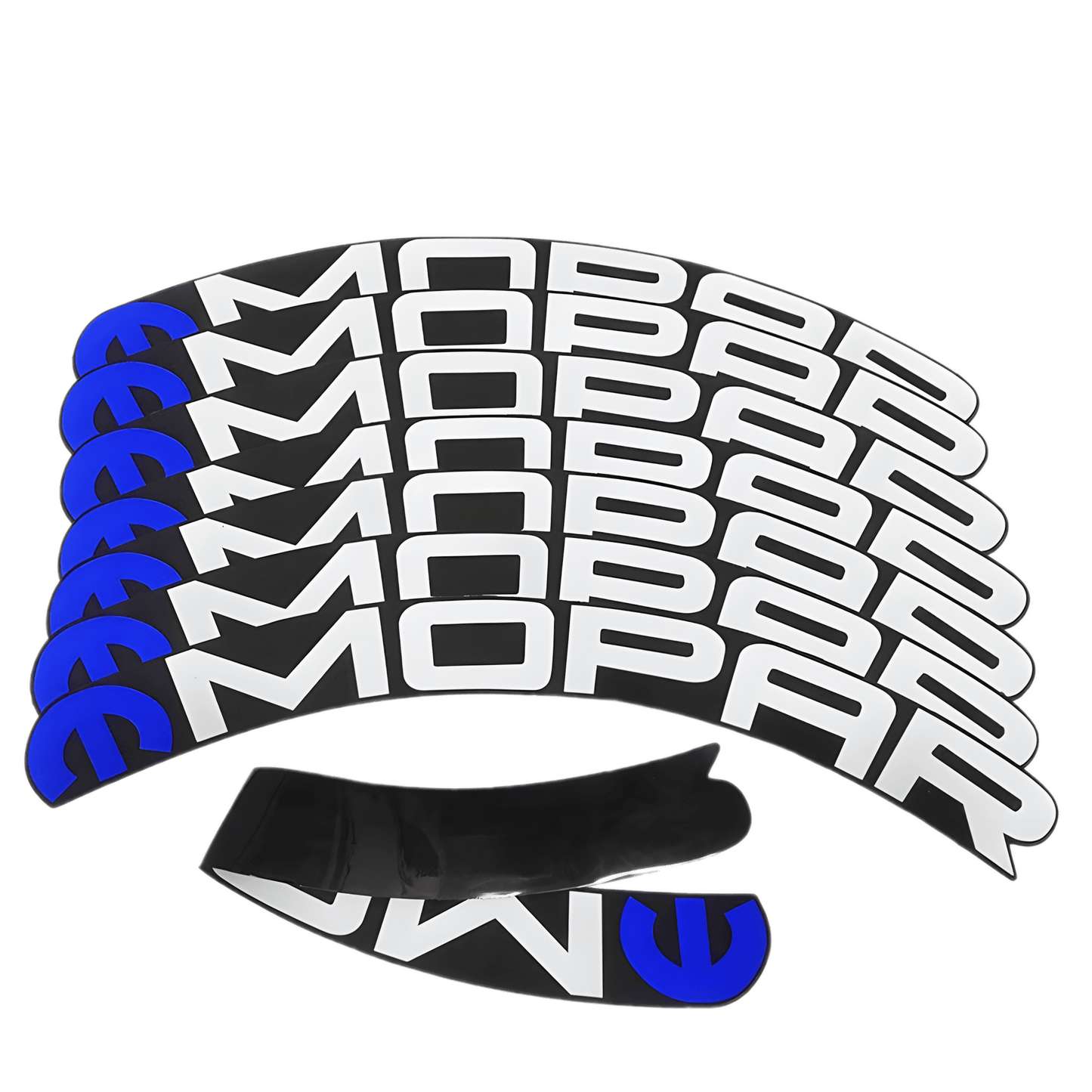 Set of MOPAR 3D tire lettering stickers with a white logo and blue emblem, displayed on a transparent background, ideal for enhancing vehicle tires with a bold and sporty look.