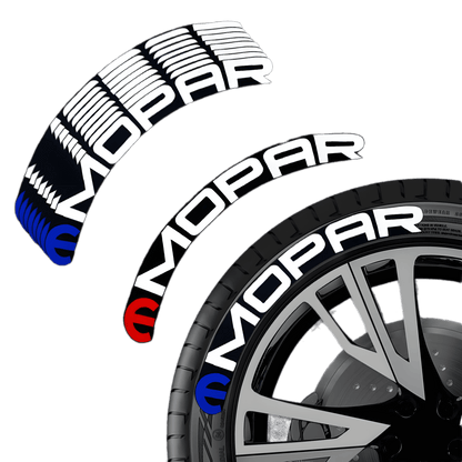 High-quality MOPAR 3D tire lettering stickers with a white logo and red & blue emblems, displayed on a tire with a sports rim against a transparent background, showcasing their bold and stylish design for vehicle customization.