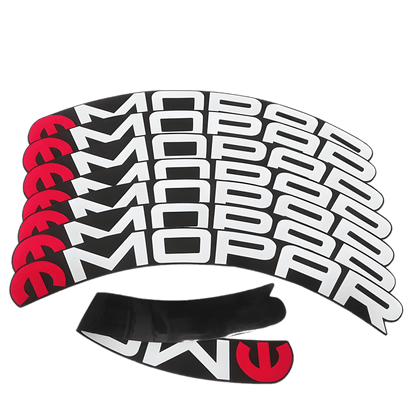 High-quality MOPAR 3D tire lettering stickers with a white logo and red emblem, displayed on a transparent background, showcasing their durable and sporty design for vehicle customization.