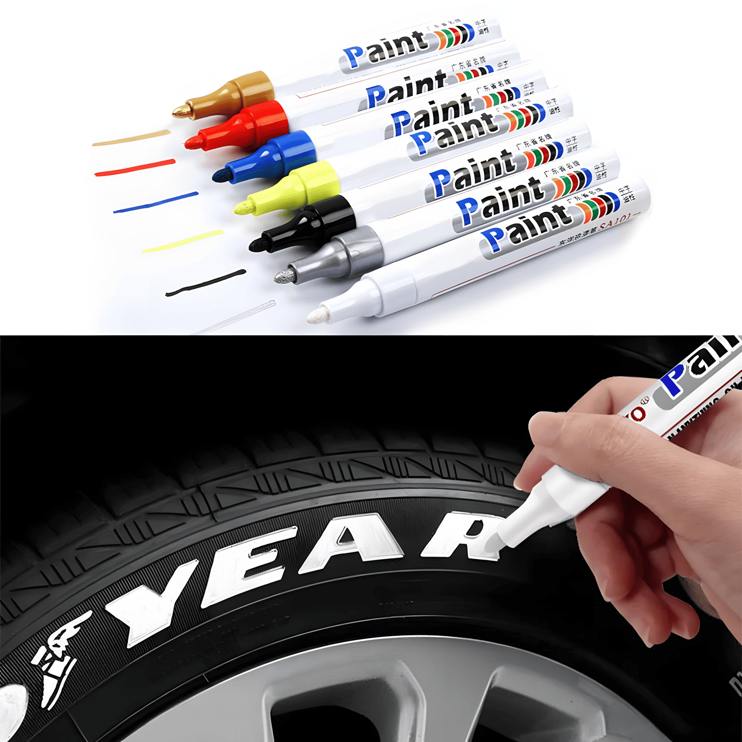 A set of multi-color tire lettering paint pens, including white, red, blue, yellow, black, silver, and gold, with fine tips for precise application. The lower half of the image showcases a hand using the white paint pen to restore tire lettering on a Goodyear tire, highlighting the smooth and permanent application. Ideal for cars, motorcycles, and bicycles to create a custom tire design.
