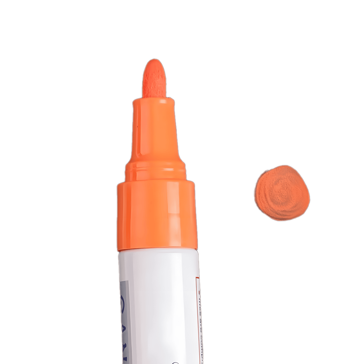 Close-up of an orange tire lettering paint pen with a rounded tip for smooth and controlled application. A sample orange paint mark is visible beside it, demonstrating its vibrant color and even coverage. This weather-resistant, high-opacity paint pen is perfect for customizing tires on cars, motorcycles, and bicycles, adding a bold, eye-catching detail to any vehicle.