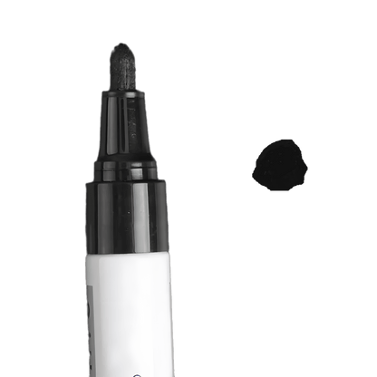 A close-up image of a black permanent tire paint marker with a thick tip, ideal for customizing tire lettering. A swatch of black paint is displayed beside the marker to showcase the actual color output.