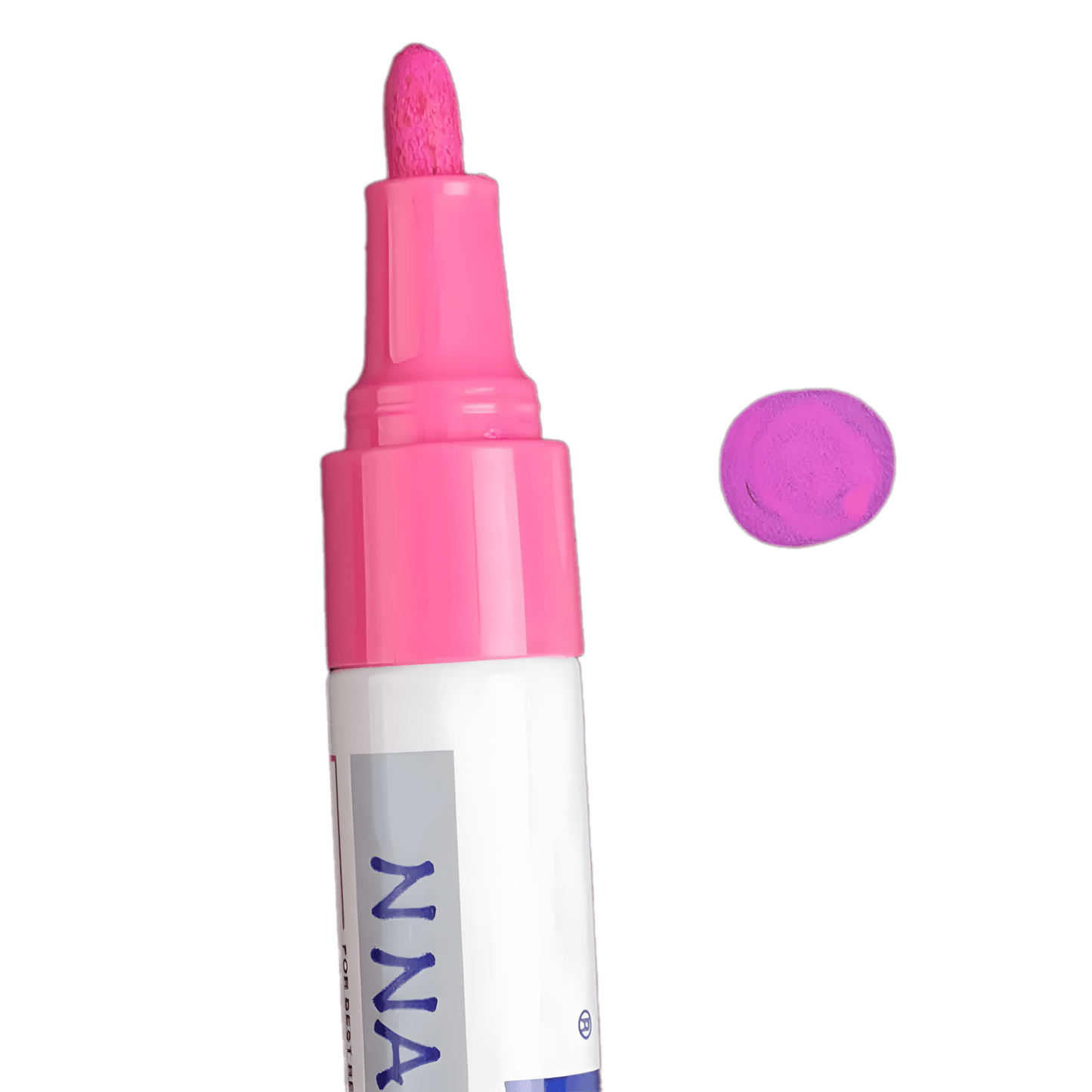 A close-up image of a pink permanent tire paint marker with a thick tip, ideal for customizing tire lettering. A swatch of pink paint is displayed beside the marker to show the actual color output.