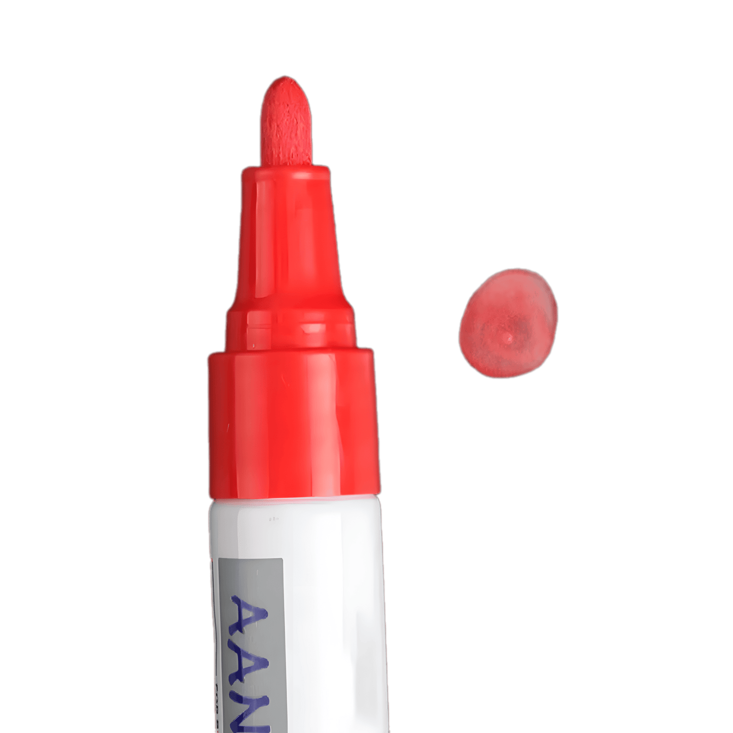 A close-up image of a red permanent tire paint marker with a thick tip, designed for tire lettering and customization. A swatch of red paint is shown beside the marker to illustrate the color output.