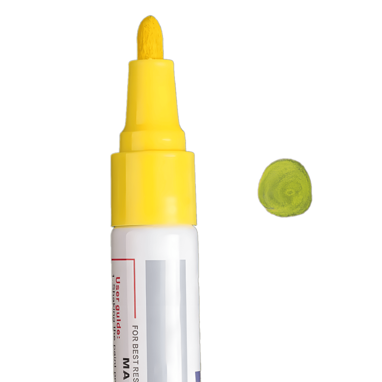 A close-up image of a yellow permanent tire paint marker with a thick tip, designed for customizing tire lettering. A swatch of yellow paint is displayed beside the marker to showcase the actual color output.