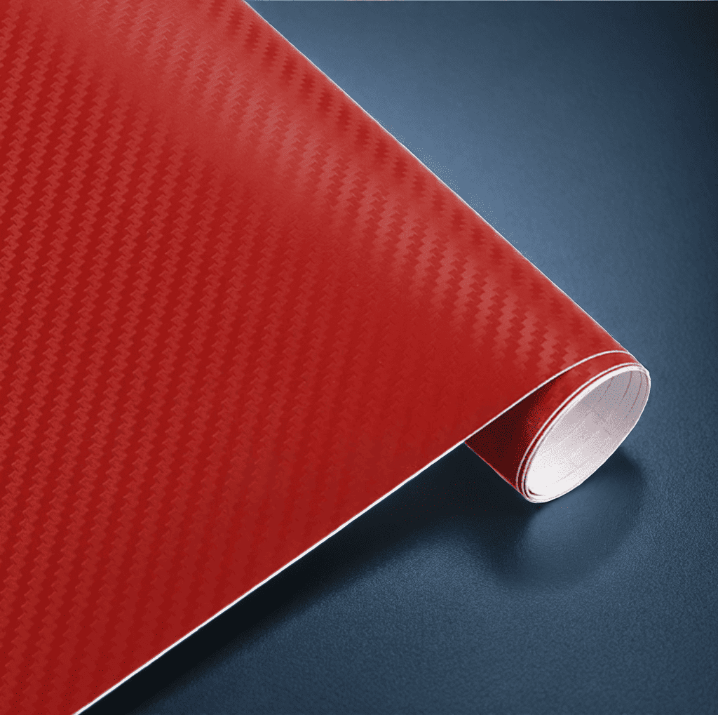 A roll of ChroMorpher carbon fiber vinyl in red, featuring a bold and realistic 3D carbon fiber texture, ideal for adding a striking and dynamic finish to vehicles or other customizable surfaces.