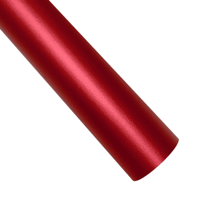 A vibrant red ChroMorpher Ice Matte Vinyl roll with a smooth satin matte chrome finish, perfect for vehicle wraps and customization projects, displayed against a dark background.