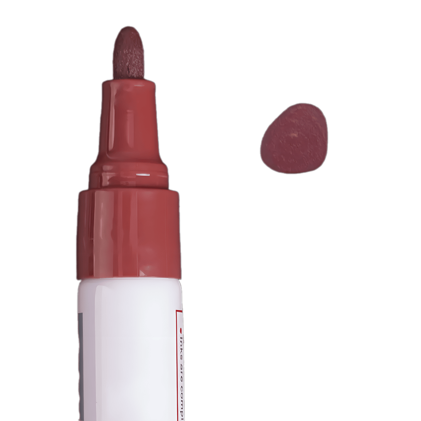 Close-up of a red tire lettering paint pen with a fine rounded tip for precise application. A red paint swatch is displayed beside it, showcasing its vibrant, bold color and smooth coverage. This durable, waterproof paint pen is perfect for customizing tire lettering on cars, motorcycles, and bicycles, ensuring a long-lasting, fade-resistant finish.