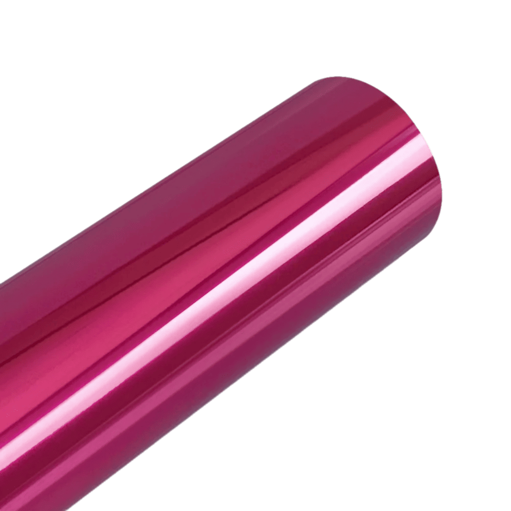 A vibrant rose pink Chrome Mirror Vinyl roll featuring a high-gloss, reflective finish, perfect for adding a touch of bold elegance to vehicles, accessories, or creative projects.