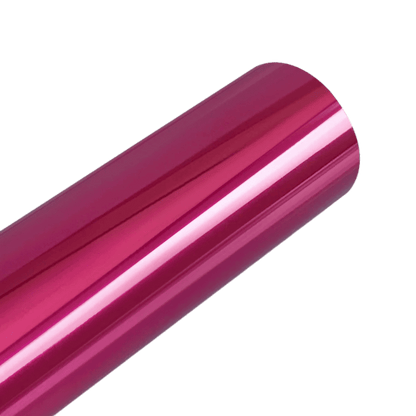 A vibrant rose pink Chrome Mirror Vinyl roll featuring a high-gloss, reflective finish, perfect for adding a touch of bold elegance to vehicles, accessories, or creative projects.