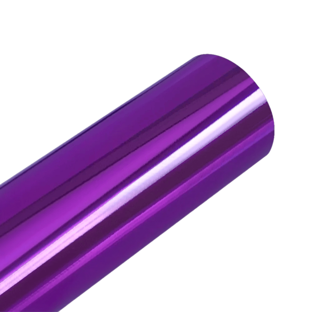 A luxurious royal purple Chrome Mirror Vinyl roll with a glossy, reflective surface, ideal for adding a bold and regal metallic finish to vehicles, bikes, or creative designs.