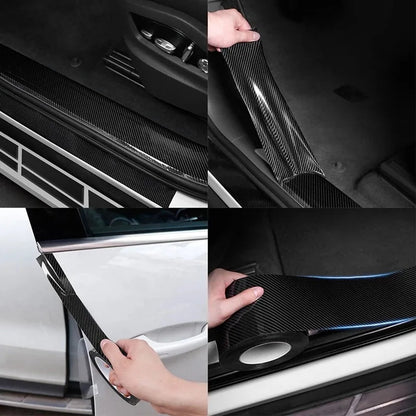 A collage of four images showing the application process of ChroMorpher Glossy 6D Carbon Vinyl Tape on various parts of a car. The images illustrate the vinyl tape being applied to door sills, door edges, and interior trim, demonstrating its versatility and ease of use.