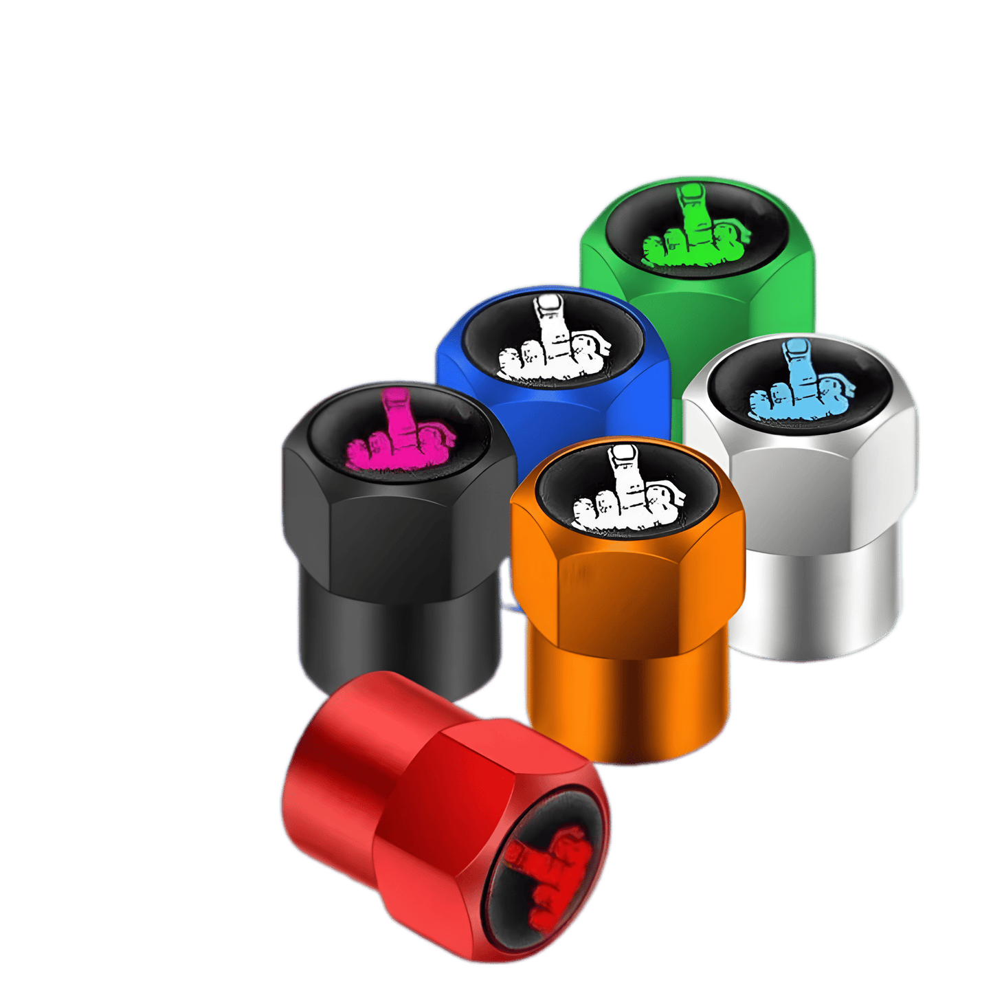 A bold and rebellious set of ChroMorpher Savage Valve Caps featuring a middle finger design. Made from durable aluminum alloy, these caps are available in multiple colors, including red, black, green, blue, orange, and silver. Designed for universal fit on car, bike, and motorcycle valve stems, they provide a stylish edge while preventing air leaks and protecting against dust and debris.