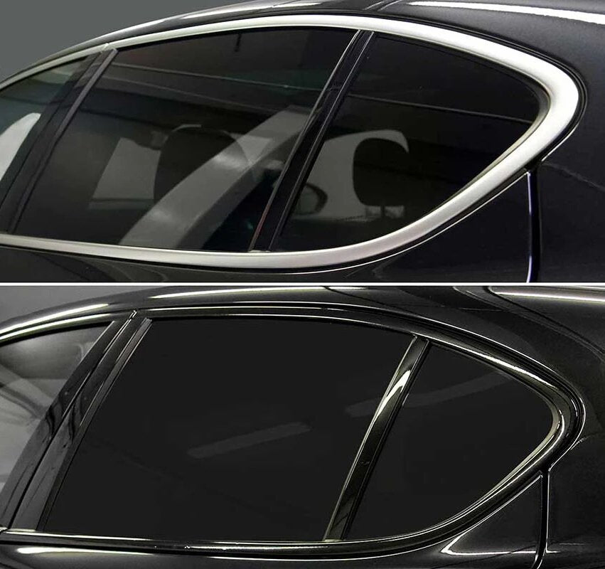 Before and after image of a car's window trim, showing the transformation from chrome to a sleek black finish using ChroMorpher vinyl tape.