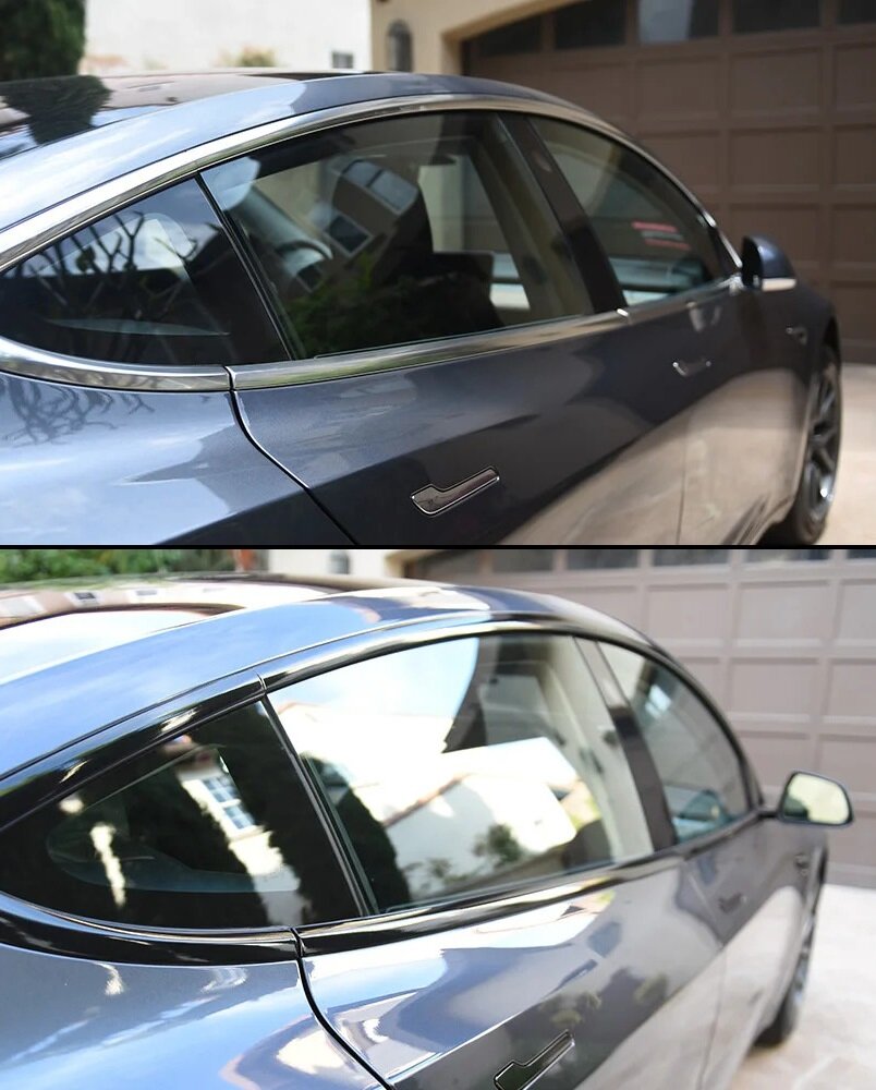 Before and after comparison of a car's window trim transformation using ChroMorpher vinyl tape. The top image shows the original chrome trim, while the bottom image displays the sleek blacked-out trim after the application.