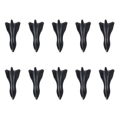 Array of ten shark fin spoilers from the ChroMorpher Carbon Fiber Shark Fin Spoiler Wing Kit, arranged symmetrically on a transparent background. Each spoiler is designed with a detailed carbon fiber pattern finish, optimized for aerodynamic benefits such as increased downforce and reduced drag. This set is universally compatible and ideal for customizing a variety of vehicles, from sports cars to SUVs, enhancing both performance and style with durable, weatherproof construction.