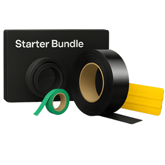 Starter Bundle with black roll, green tape, and yellow strip on a clear background