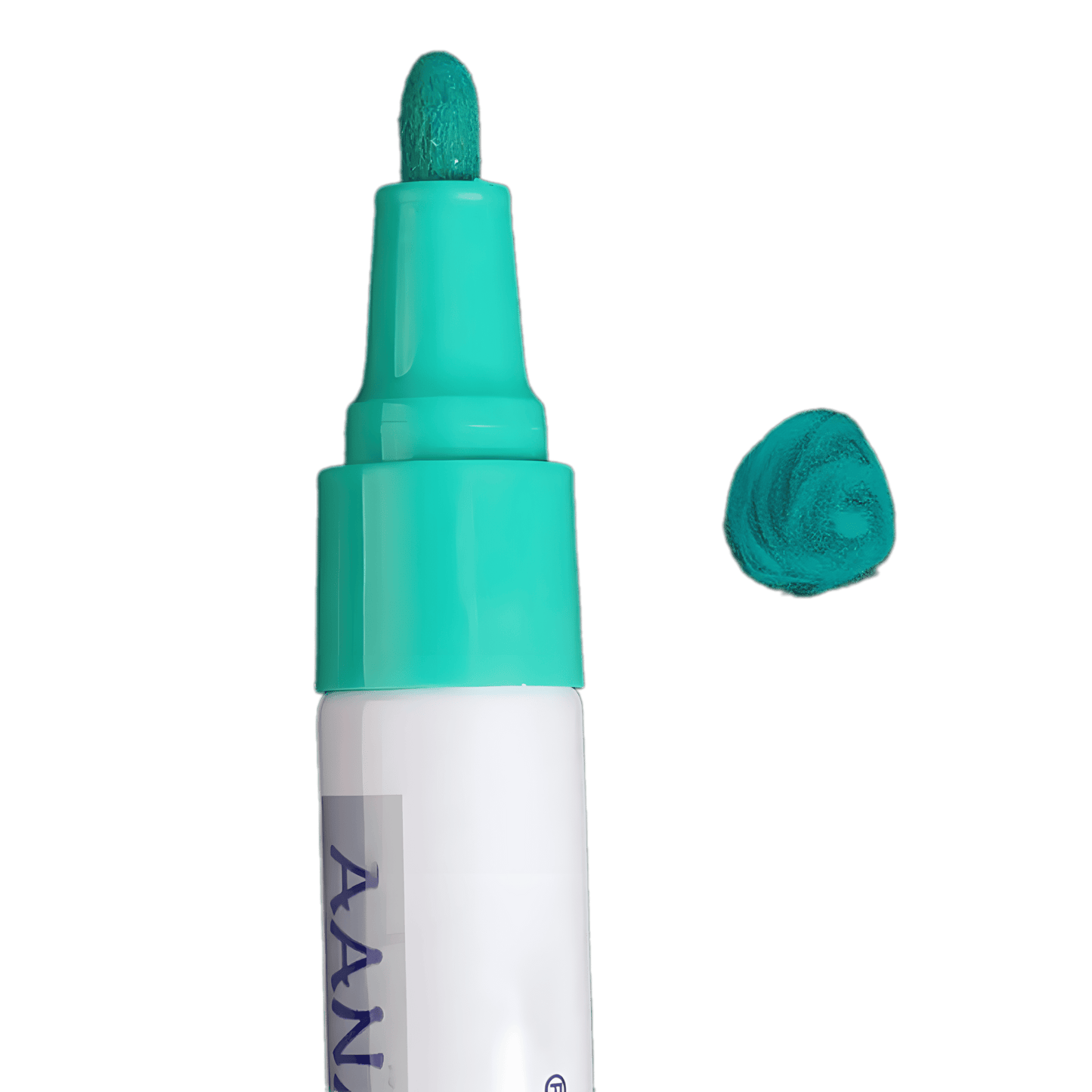 Close-up of a teal tire lettering paint pen with a fine rounded tip for precise application. A teal paint swatch is displayed beside it, showcasing its vibrant and bold color. This durable, waterproof paint pen is designed for customizing tire lettering on cars, motorcycles, and bicycles, providing a long-lasting, fade-resistant finish.