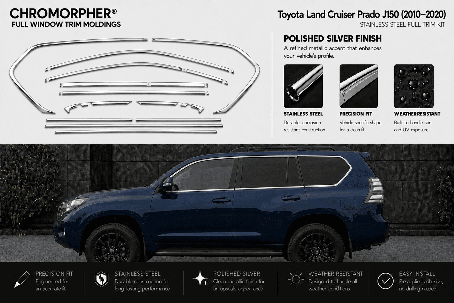 Toyota Land Cruiser Prado J150 (2010–2020) Stainless Steel Window Trim Moldings