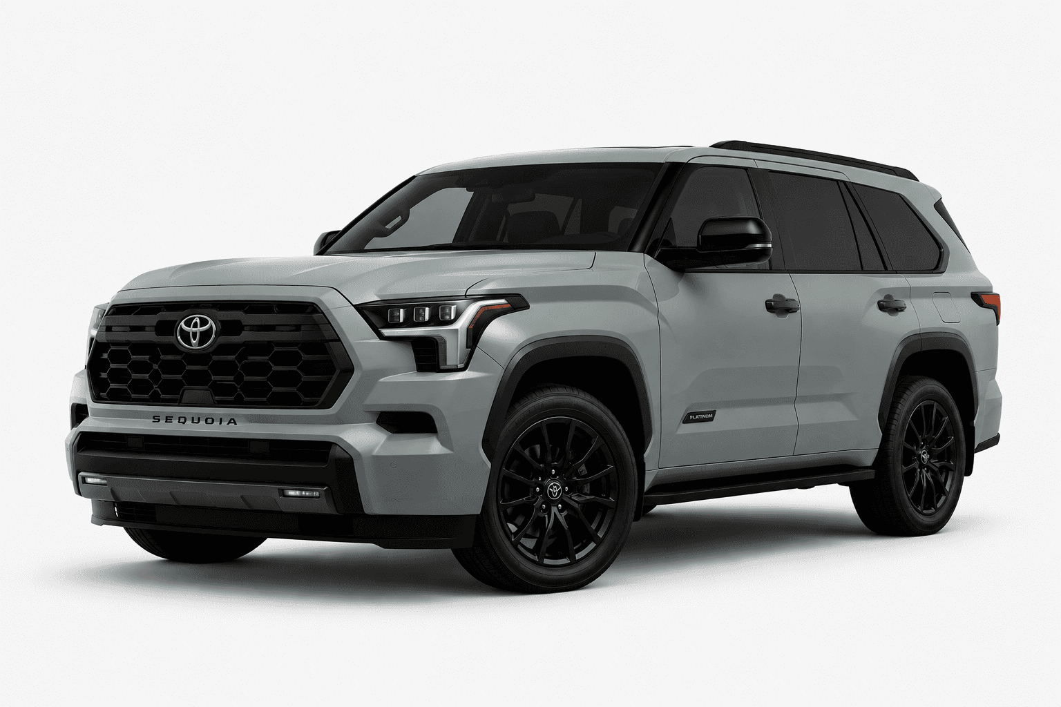 A light gray Toyota Sequoia SUV with black wheels, black trim, and a black front grille, shown from a three-quarter front angle on a light gray studio background.